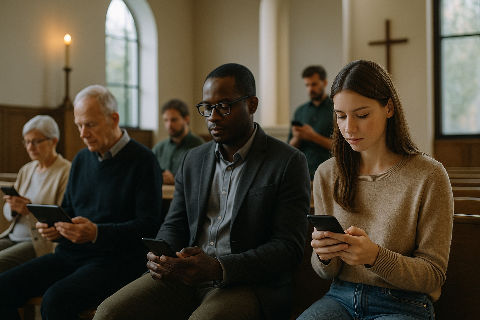 Persone in un luogo di culto seguono una pratica spirituale con supporto digitale in modo discreto